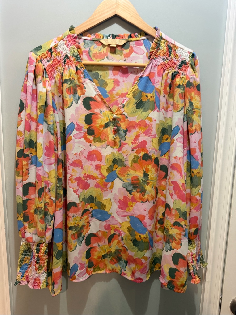 Smocked Shoulder Pink Floral V-Neck Blouse